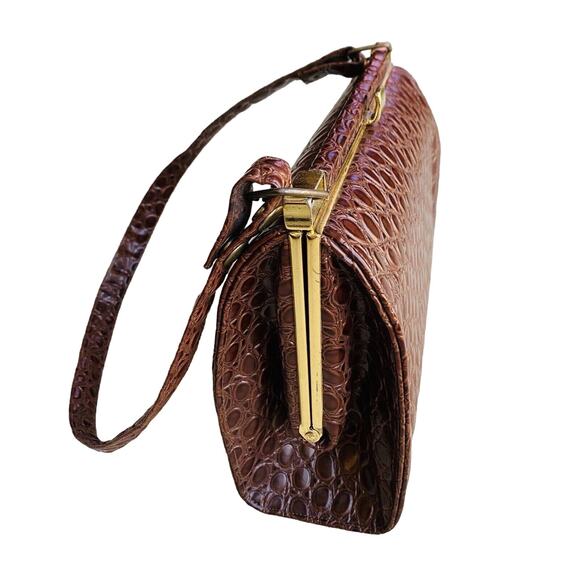 Vintage Lennox Moc Croc Purse Textured Leather Pocketbook Shoulderbag Brown Gold - Picture 3 of 12